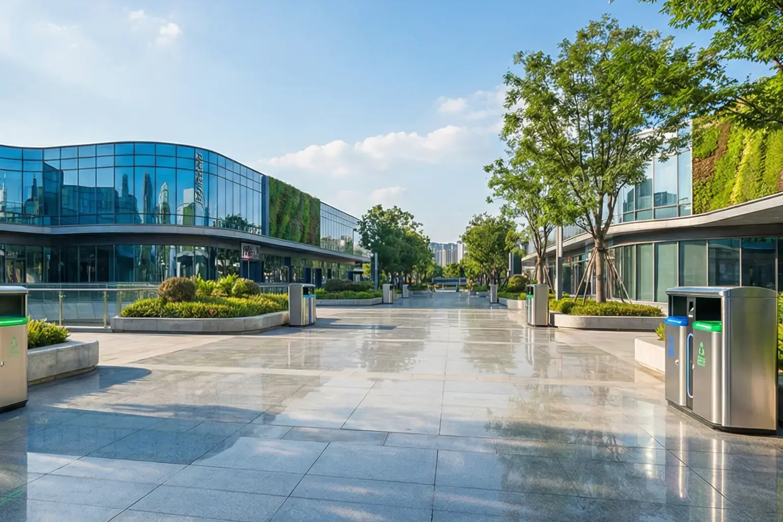 Smart waste infrastructure deployed in modern corporate campus walkway
