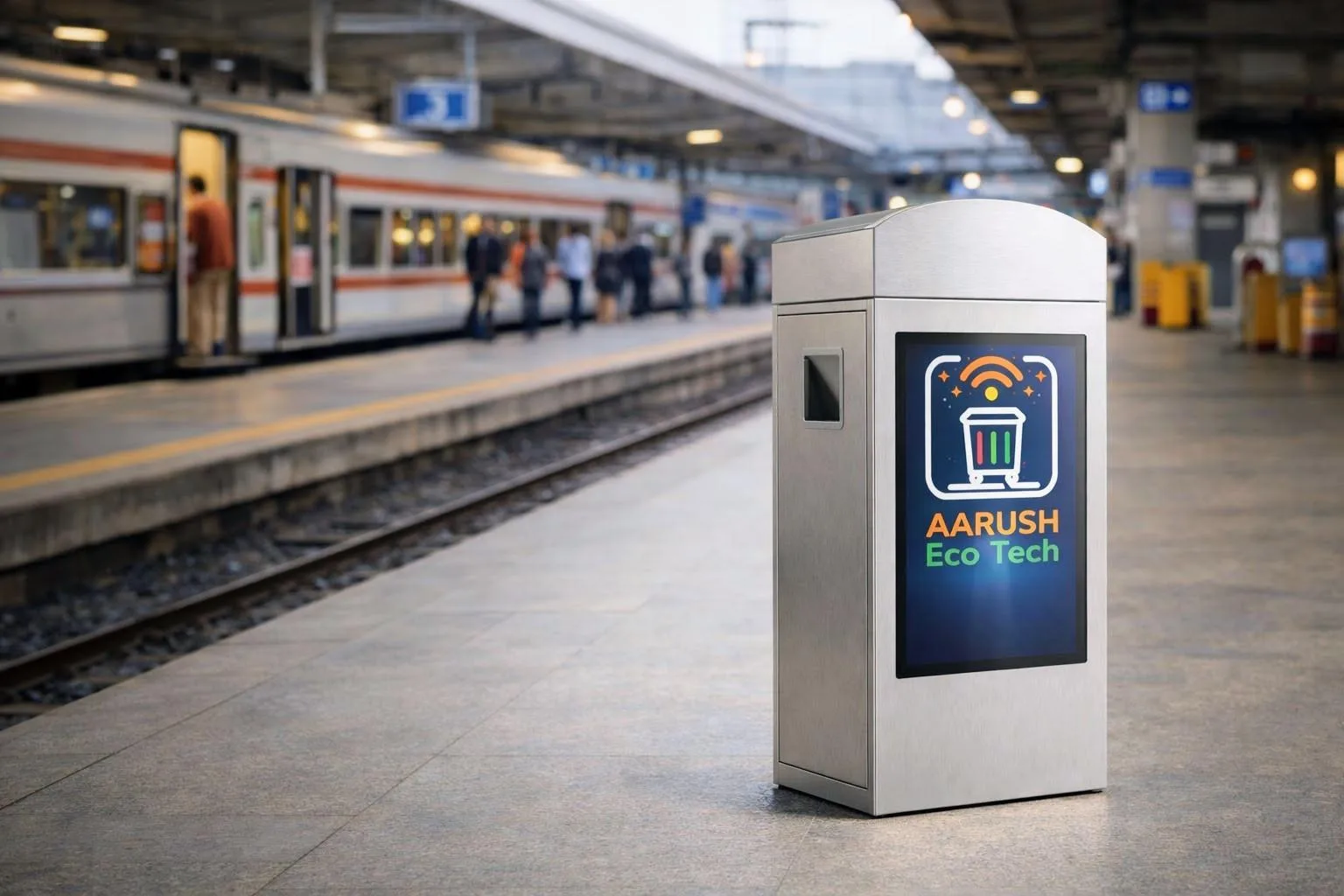 Infrastructure-grade smart waste bin deployed at railway station platform